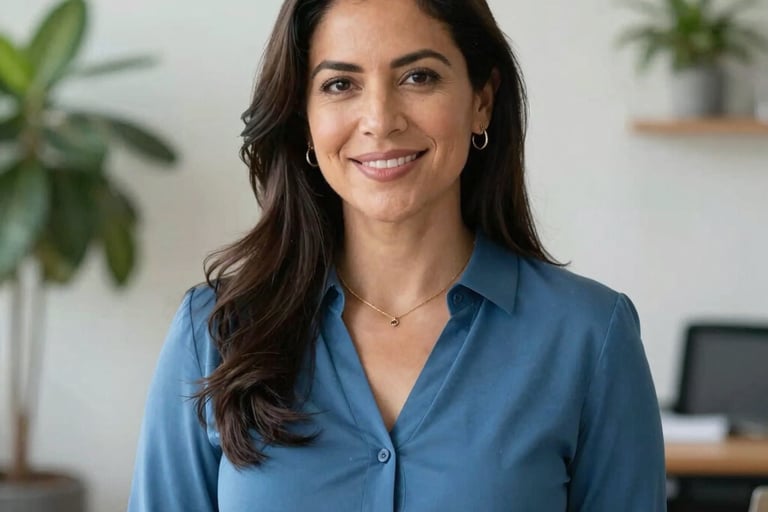 A professional portrait of Valeria Holguín, a Hispanic female psychologist in her late 30s, with a warm and empathetic expression, wearing a steel blue blouse, in a bright modern office with plants.