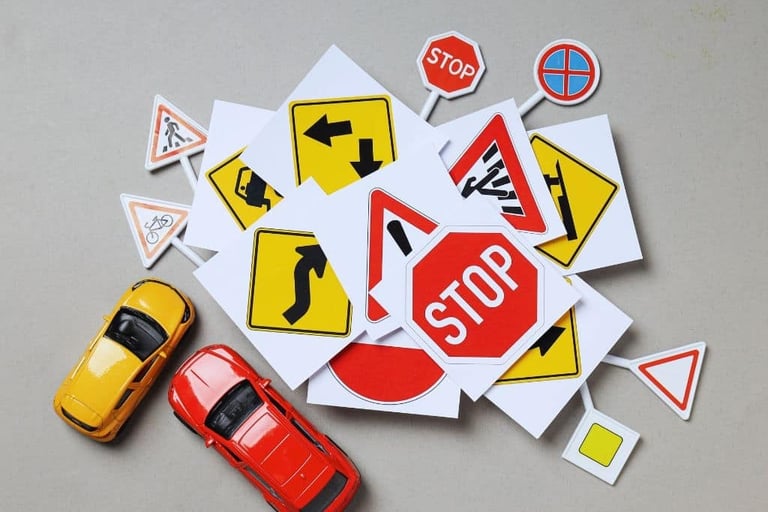 a yellow and a red toy car, a bunch of small road signs icons laying on the ground