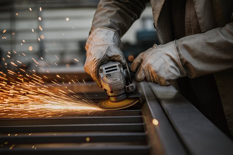 عامل يقوم بقطع وصقل معدن الستانلس ستيل داخل ورشة صناعية ضمن عمليات تصنيع معدات المطابخ والمطاعم.