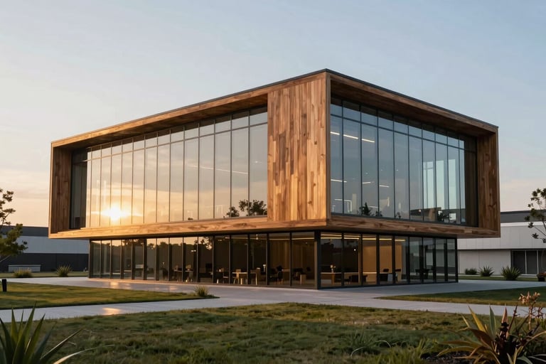 A high-resolution, sophisticated photo of a sleek, modern innovation hub made of glass and wood, set in a North American landscape during golden hour.