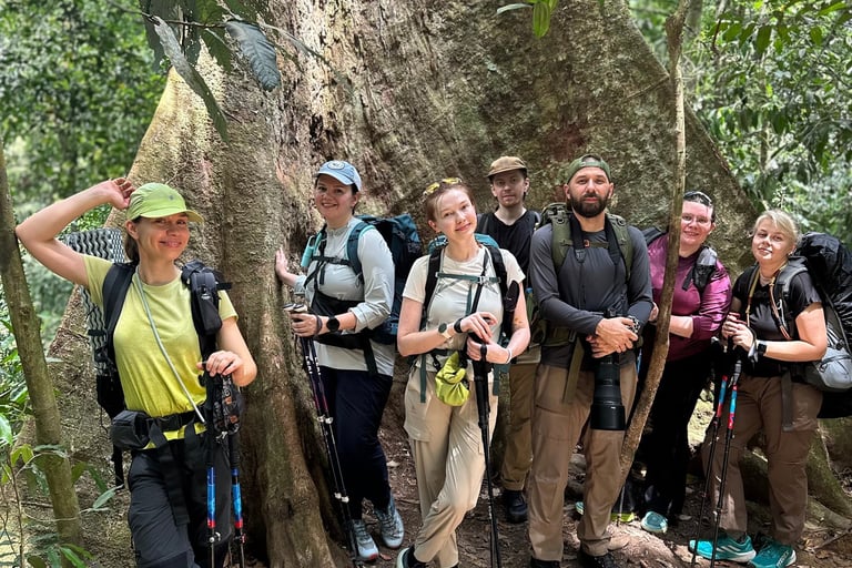 A group of hikers with trekking poles and backpacks pose by a massive ancient tree in a tropical jungle.