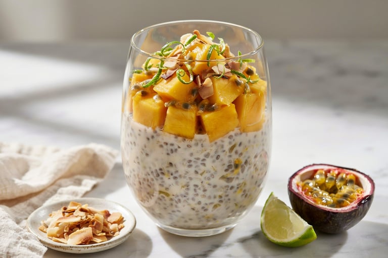 Tropical coconut chia pudding topped with fresh mango chunks, passion fruit, and lime zest in a glass.