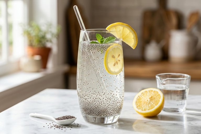 Refreshing glass of healthy chia seed water with lemon slices and fresh mint on a marble kitchen counter.