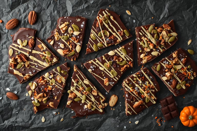 Homemade dark chocolate bark pieces topped with pecans, pumpkin seeds, and a white chocolate drizzle.