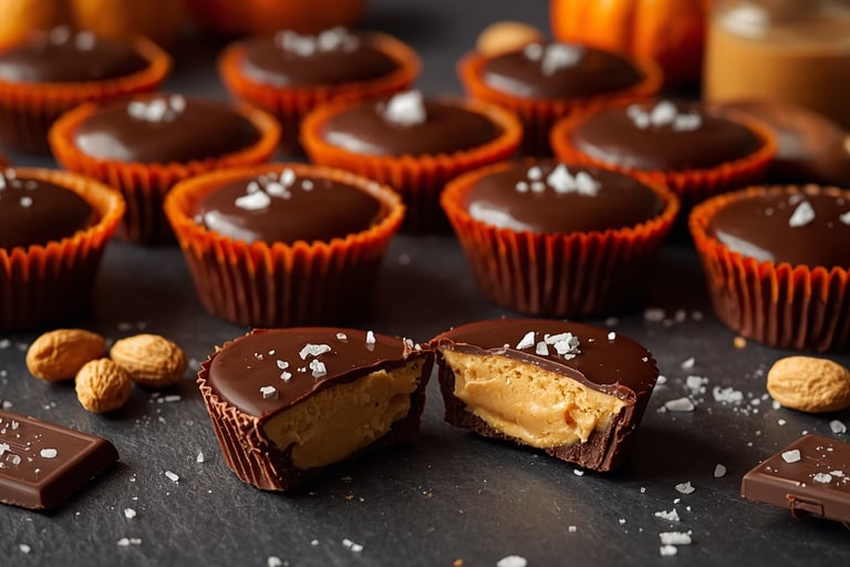 Homemade dark chocolate peanut butter cups with sea salt on a slate surface.