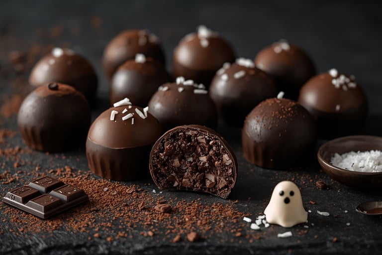Gourmet dark chocolate truffles with a flaky sea salt topping and a small white ghost candy.