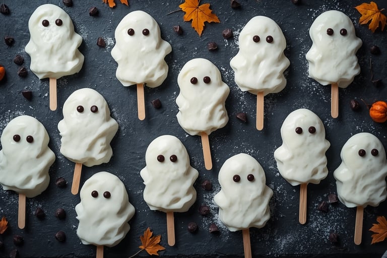 Greek yogurt ghost cake pops on a dark slate board with Halloween decorations and chocolate chips.
