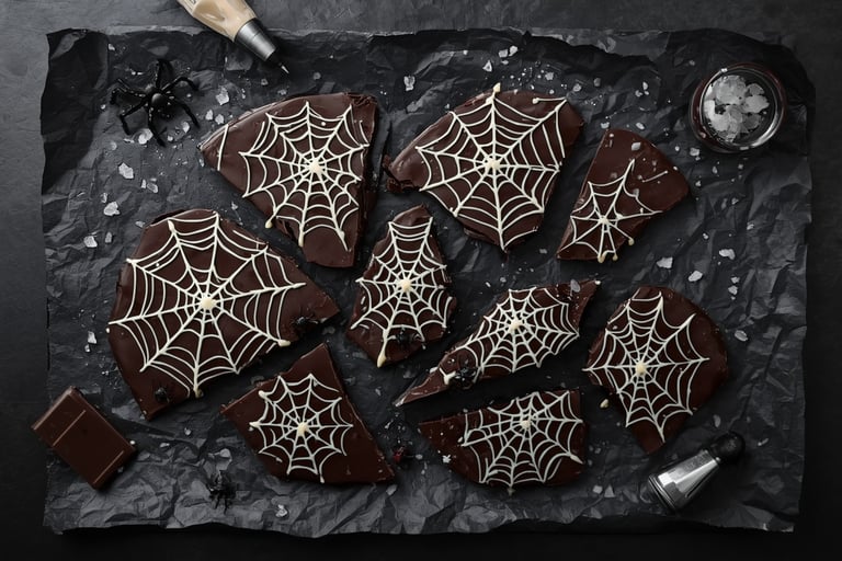 Dark chocolate Halloween bark pieces with white chocolate spider web designs and sea salt.