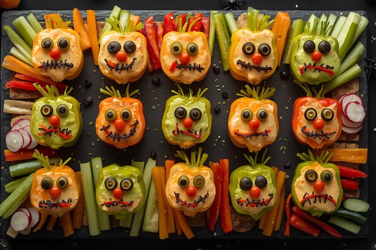 Halloween vegetable platter featuring bell pepper monster faces with hummus and fresh veggie sticks.