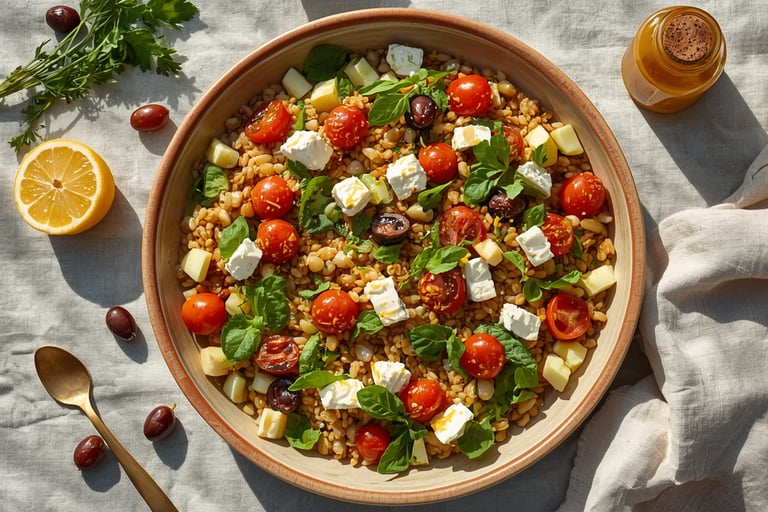 A Mediterranean farro salad with cherry tomatoes, feta cheese, and fresh basil in a ceramic bowl.