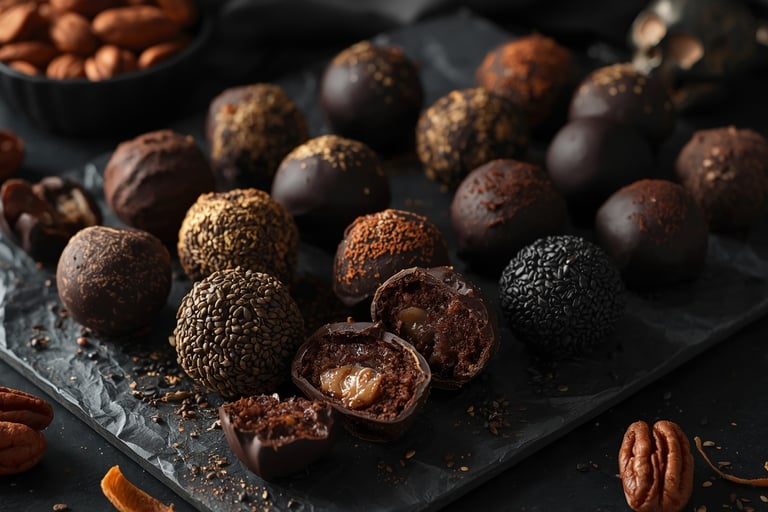 Assorted gourmet dark chocolate truffles with caramel filling and nut toppings on a slate tray.