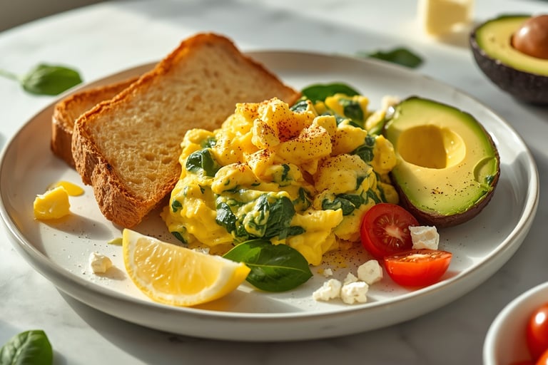 Scrambled eggs with spinach and avocado served with whole wheat toast on a white plate.