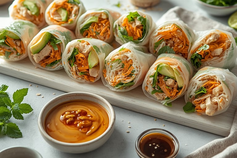 Fresh Vietnamese spring rolls with chicken, avocado, and vegetables, served with peanut sauce and soy sauce.
