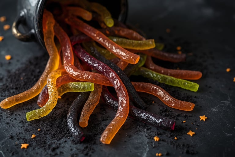 Colorful gummy worms spilling from a black bowl onto a dark stone surface with chocolate soil.
