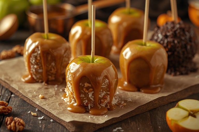Gourmet caramel apples with nuts and coconut on a rustic wooden table for fall.