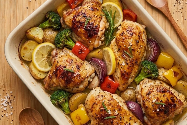 Sheet pan roasted chicken thighs and breasts with potatoes, broccoli, and peppers.