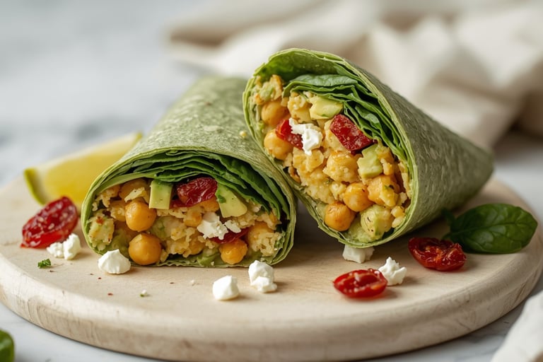 Healthy chickpea and avocado salad wrap with sun-dried tomatoes and feta cheese on a spinach tortilla.