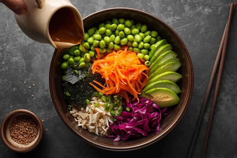 Healthy vegan poke bowl with edamame, avocado, carrots, and cabbage topped with savory dressing.