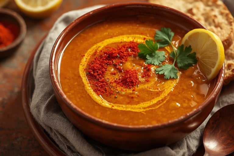 A bowl of red lentil soup garnished with paprika, fresh parsley, and a lemon wedge.