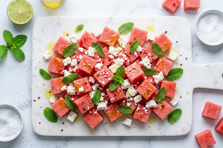 Refreshing watermelon feta salad with fresh mint leaves and olive oil on a white marble serving board.