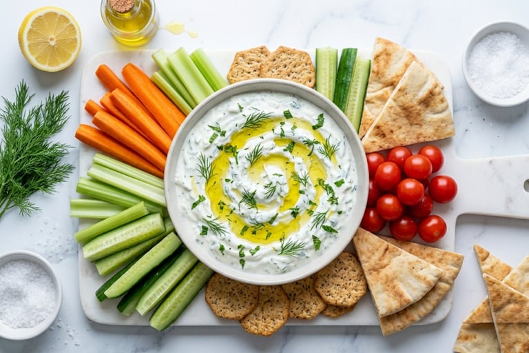 Creamy Greek tzatziki dip with olive oil and dill served with pita bread and fresh vegetable crudites.