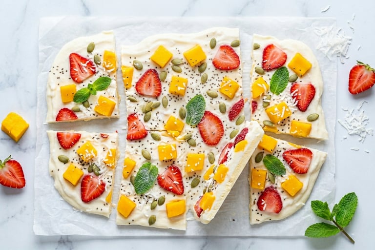 Frozen yogurt bark topped with fresh strawberries, mango chunks, pumpkin seeds, and mint leaves on parchment paper.