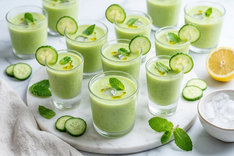 Refreshing chilled cucumber gazpacho shooters garnished with mint leaves and olive oil.