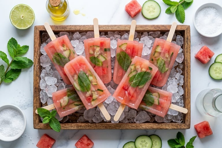 Refreshing watermelon cucumber mint popsicles served on a bed of ice in a wooden tray.