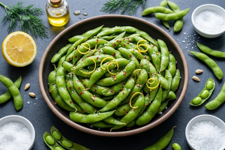 A wooden bowl of steamed edamame topped with lemon zest, sea salt, and chili flakes.