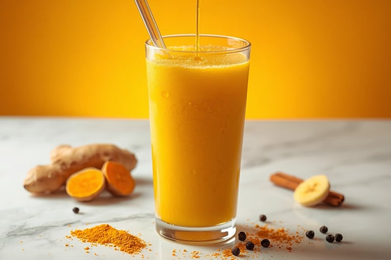 Fresh anti-inflammatory turmeric ginger smoothie being poured into a tall glass on a marble table.