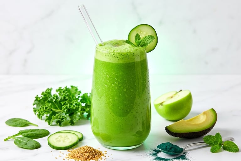 Healthy green smoothie with spinach, kale, and apple on a white marble background.