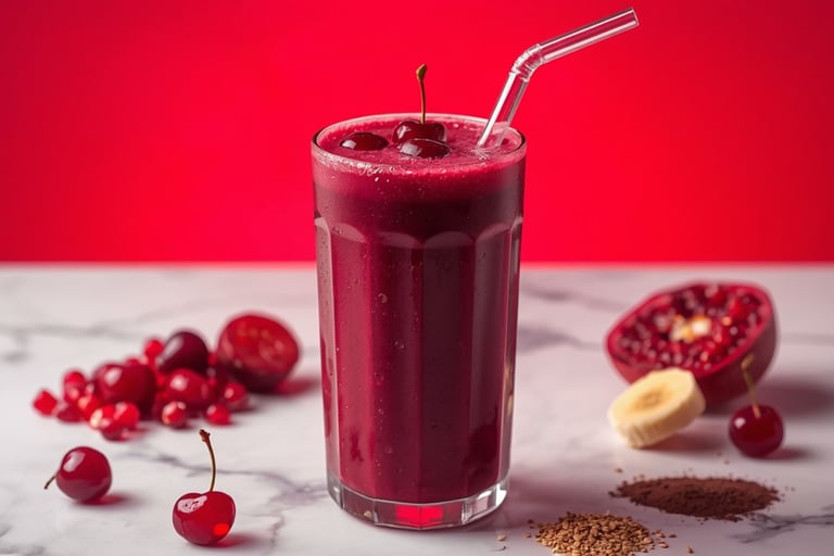 A tall glass of red cherry smoothie with a straw, pomegranate seeds, and fresh fruit on a marble surface.