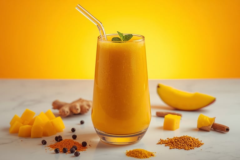 Refreshing mango ginger smoothie in a tall glass with fresh turmeric, cinnamon, and mint garnish on a marble table.