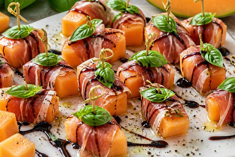 Prosciutto wrapped cantaloupe melon appetizers with balsamic glaze and fresh basil leaves on skewers.