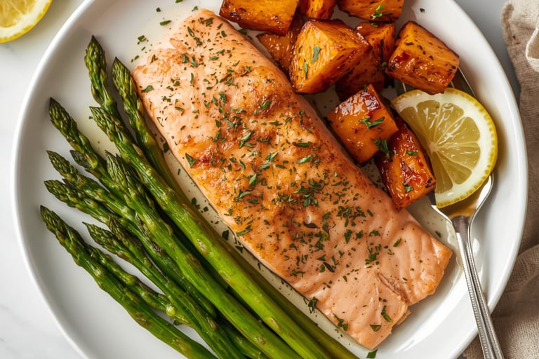 Pan-seared salmon fillet served with roasted sweet potatoes, green asparagus, and a lemon wedge.