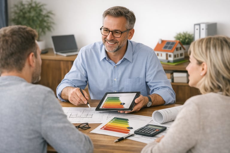 Energieberater erklärt den Ablauf der Energieberatung mit Plänen und Tablet in Aachen