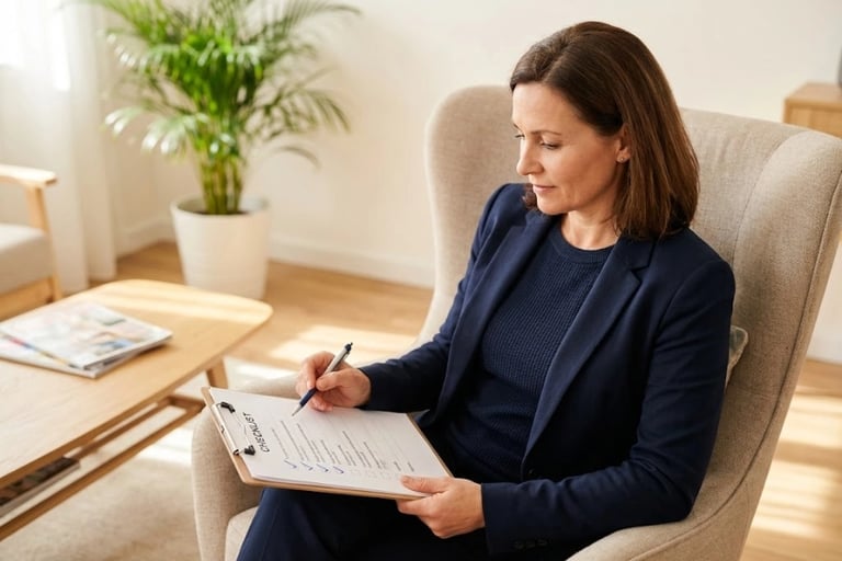 Woman in her 40s reviewing her symptom checklist before a doctor's appointment