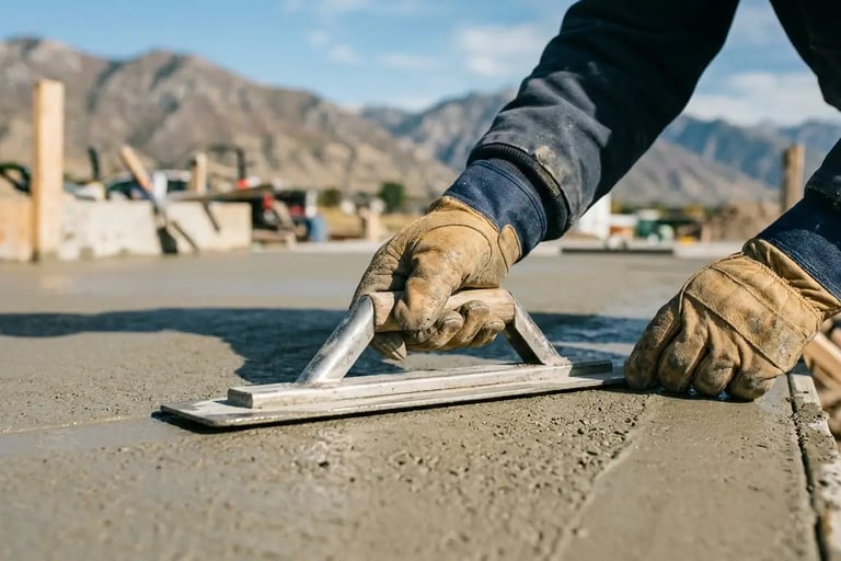 contractor's hands smoothing and finishing a freshly poured concrete surface using a steel float tool