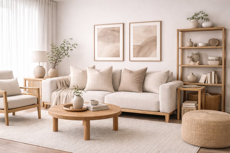 Modern minimalist living room featuring a beige sofa, wooden coffee table, and japandi style decor.