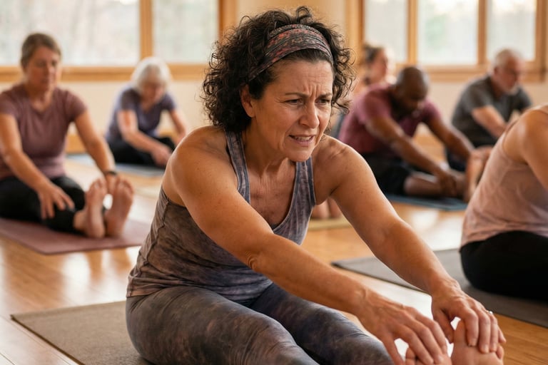 Woman stretching in yoga class through back pain
