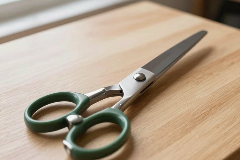 A close-up photograph of high-end professional tailor's shears resting on a clean light oak table. The lighting is soft and natural, coming from a window in a North American / US design studio. The composition is minimalist, highlighting the polished silver steel and deep green handles.