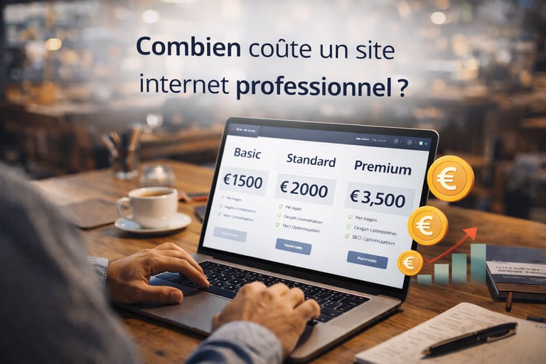 Comparison of professional website development costs and pricing plans shown on a laptop screen.