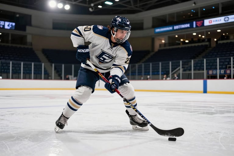 A high-action photograph capturing a hockey player mid-slapshot on a bright, professional collegiate rink, vibrant jerseys in navy blue and off-white, dramatic overhead lighting, North American / US Southern venue.
