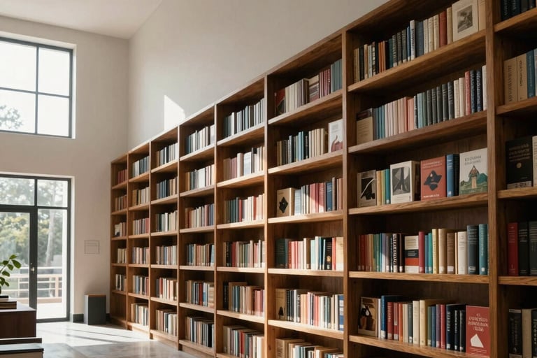 A sophisticated South American cultural center interior with high ceilings and large windows. Sunlight illuminates elegant wooden shelves filled with art books. The scene is calm and intellectually stimulating, featuring a palette of off-white and warm grey.