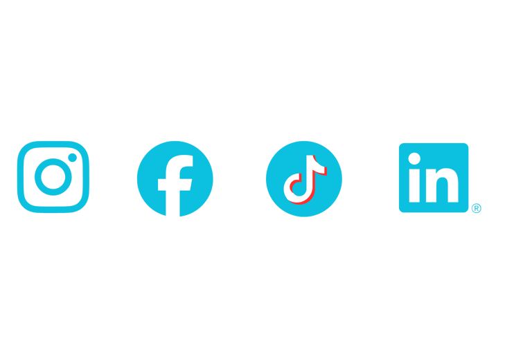 Light blue social media icons for Instagram, Facebook, TikTok, and LinkedIn on a white background.