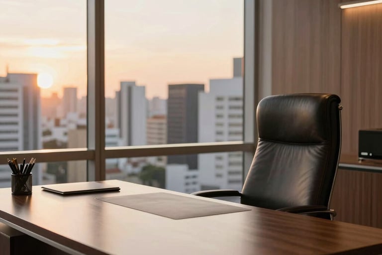 A high-end law office desk with a leather chair and a window view of a Brazilian cityscape, illuminated by soft golden light from the sunset.