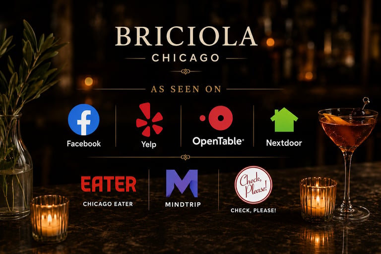 Briciola Chicago restaurant logo displayed with review site icons like Yelp, Eater, and OpenTable.