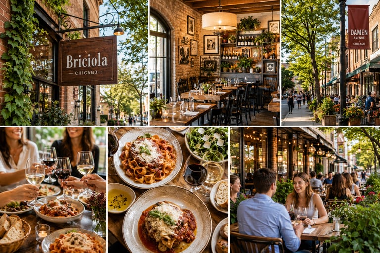 Diners enjoy authentic Italian pasta and wine at Briciola Chicago's outdoor patio and rustic dining room.