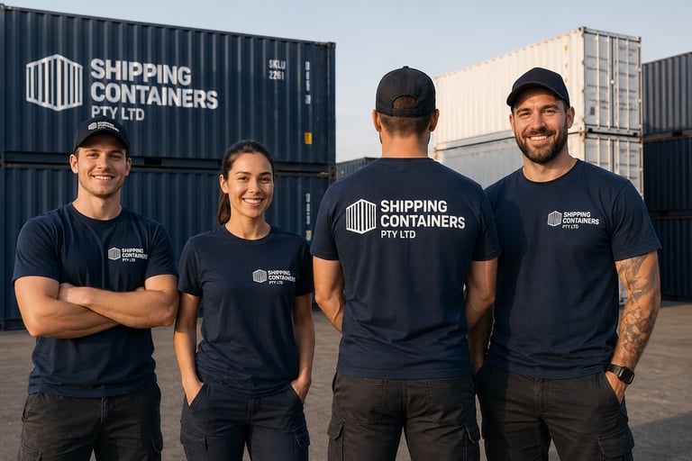 A team of logistics professionals wearing branded t-shirts standing in a shipping container yard.