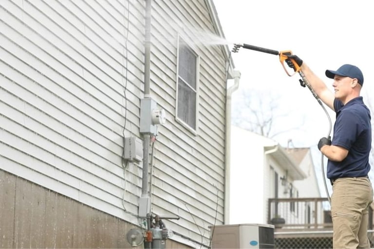 A man pressure washing a house.